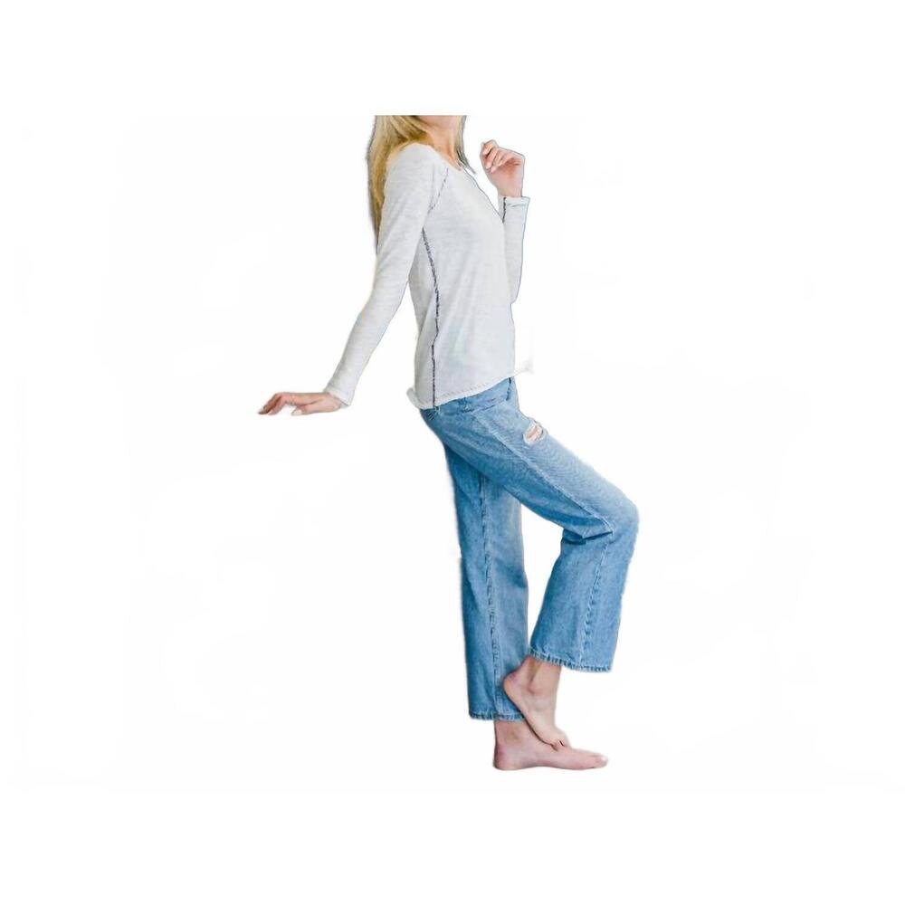 NEW ERIN GRAY raglan long sleeve crew top in white navy stitch